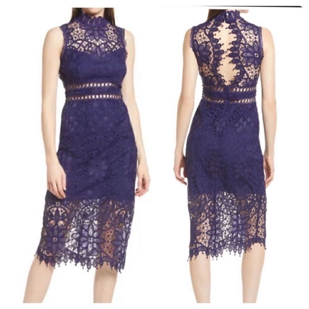 Saylor Navy Blue Embroidered Lace Midi Cocktail Dress| Size M